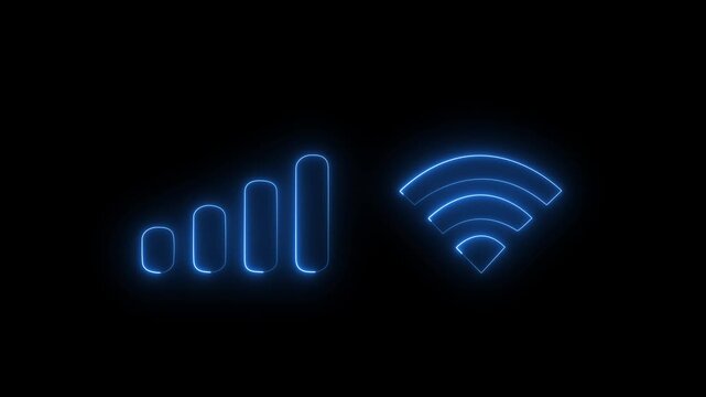 Neon glowing icons of wireless signal and Wi-Fi connection on black background with smooth color changing animation loop. 4K video.