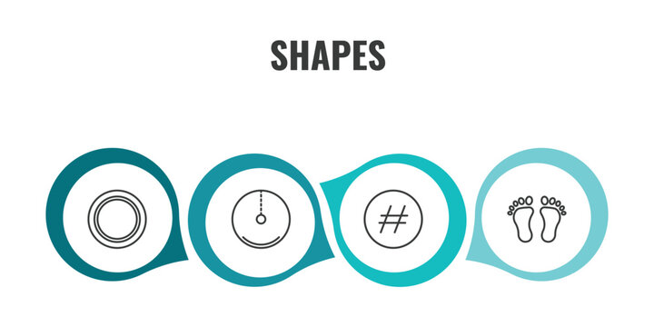 shapes outline icon set. thin line blank circle, radius of circle, hash key, human foot prints icons. editable vector