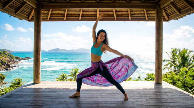 Smiling woman practicing yoga flow in a tropical wooden pavilion overlooking a turquoise ocean, mindfulness wellness retreat, International Yoga Day celebration, vibrant health.