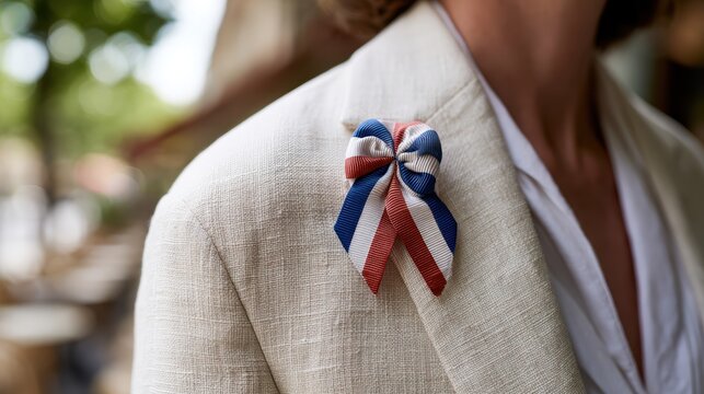 fashion photography, detailed cream linen blazer featured in a high-fashion french magazine close-up, against a tricolor ribbon background for parisian caf chic