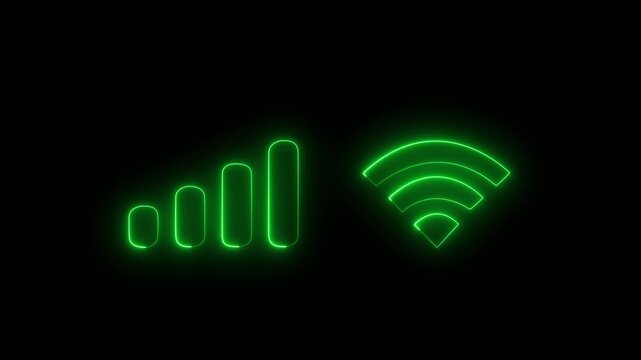 Neon glowing icons of wireless signal and Wi-Fi connection on black background with smooth color changing animation loop. 4K video.