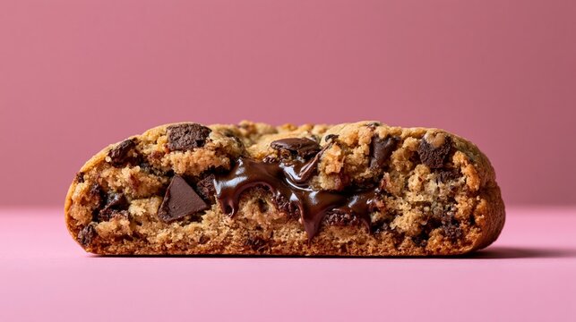 gooey chocolate chip cookie broken open with molten center