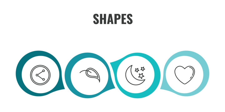 shapes outline icon set. thin line net contents, elliptic, half moon and star, black heart icons. editable vector