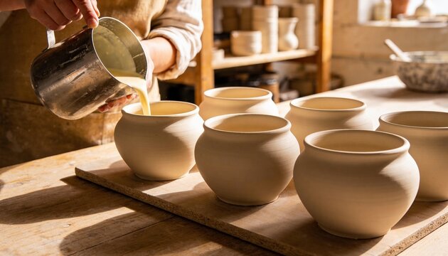 Hand pouring clay slip into ceramic bowls at pottery studio