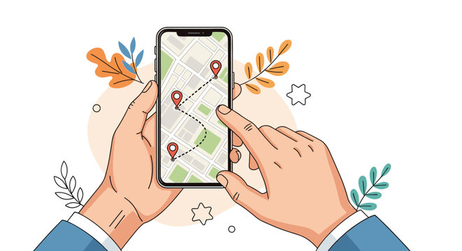 Hands holding a smartphone with a navigation app showing map pins and route against an abstract floral background.
