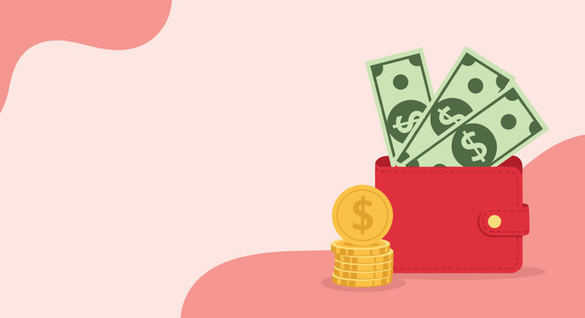 Red leather wallet is stuffed with green dollar bills and sits next to a stack of gold coins against a soft pink and red abstract background.