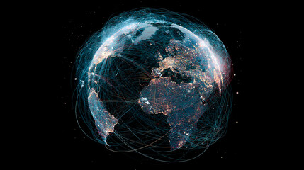 Naklejka premium Glowing blue digital globe map showing international flight paths or data communication network lines over dark background