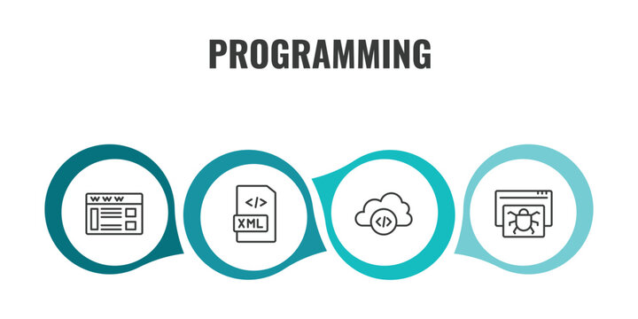 programming outline icon set. thin line web page, xml, cloud storage, bug report icons. editable vector