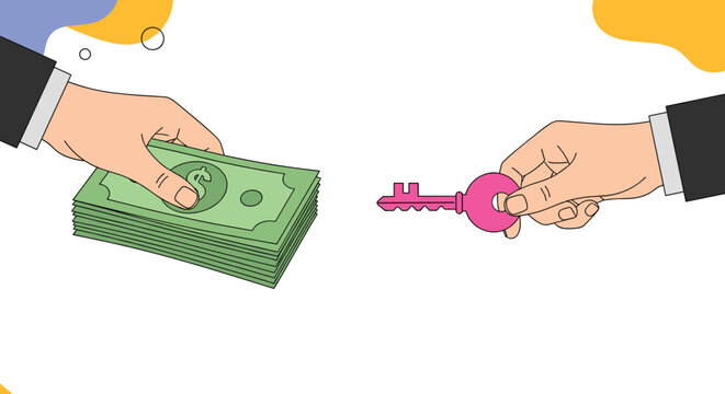 Hand giving a stack of dollar bills in exchange for a pink key represents real estate transactions, buying a home, or renting.