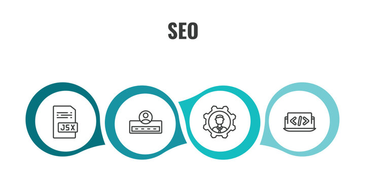 seo outline icon set. thin line jsx, login, seo management, coding icons. editable vector