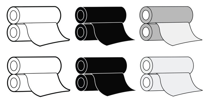 flexographic printing roller icons collection, industrial press and label printing symbols, outline and solid silhouette designs, packaging manufacturing concept, clean vector illustration on white ba
