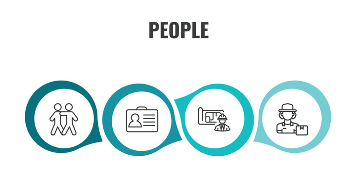 people outline icon set. thin line hugging, identification ard, architect, delivery woman icons. editable vector