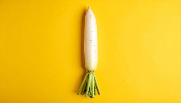 Fresh white radish with green stems isolated on a bright yellow background
