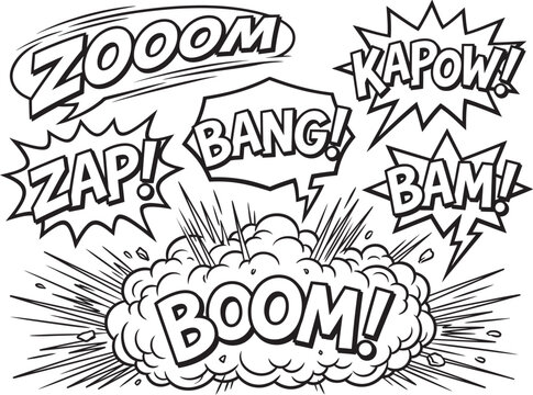 Comic book explosion with various onomatopoeia words