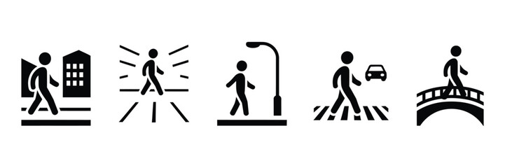 Pedestrian Icons Vector Illustration. Person Walking City Crosswalk Streetlamp Bridge Road, Urban Navigation Symbol Set, Minimal Black Silhouette Transport Safety Design Elements © Elizabeth Profit