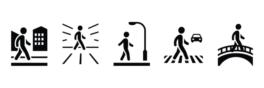 Pedestrian Icons Vector Illustration. Person Walking City Crosswalk Streetlamp Bridge Road, Urban Navigation Symbol Set, Minimal Black Silhouette Transport Safety Design Elements