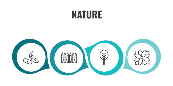 nature outline icon set. thin line natural medical pills, fences, orbicular, zinnia icons. editable vector