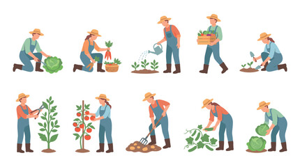 Fototapeta premium Farmers performing various gardening and agricultural tasks including planting, watering, harvesting, and cultivating fresh produce.