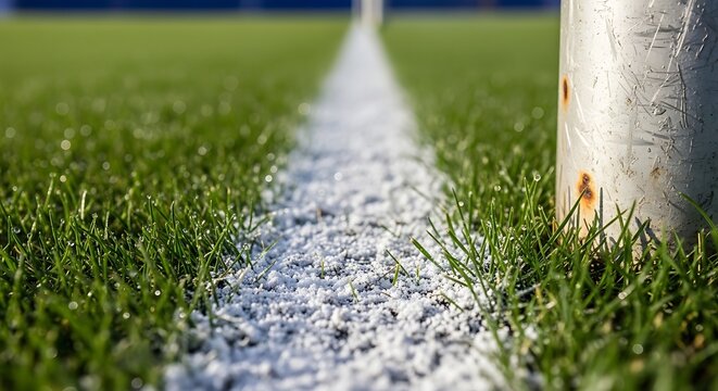 White chalk line on green soccer field grass next to metal goalpost in stadium close up shot