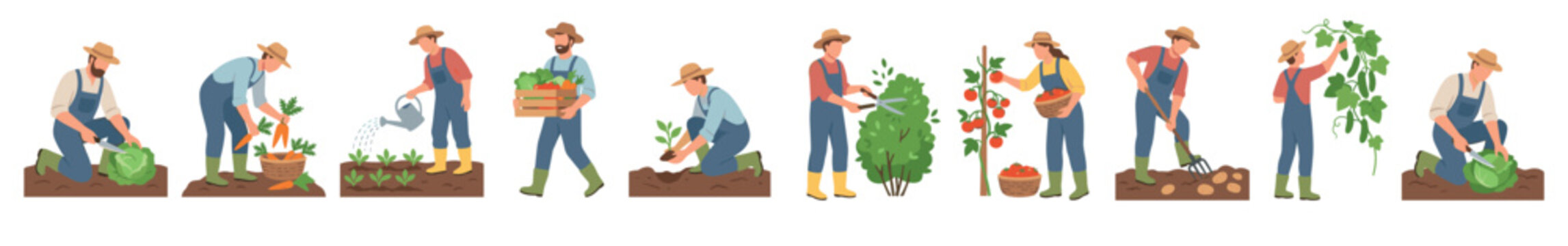 Gardeners farmers cultivating harvesting fresh vegetables and fruits, performing various agricultural tasks like planting, watering, pruning, and gathering crops in a vibrant illustration.