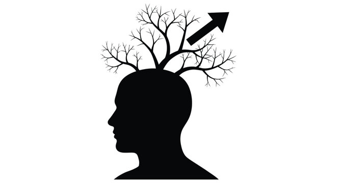 A human head silhouette with a tree growing from it and an arrow
