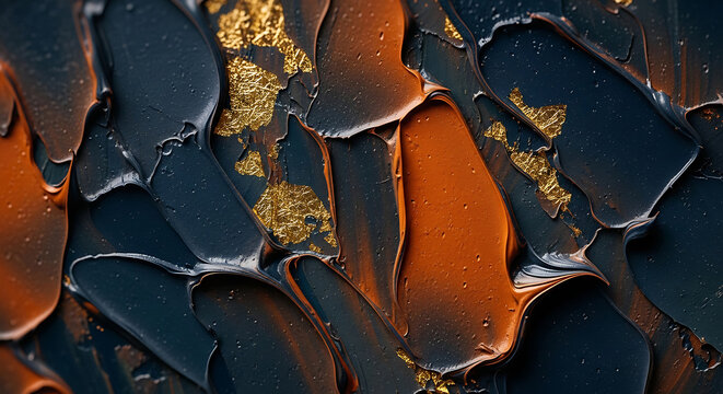 Luxury Abstract Oil Painting Background with Thick Textured Impasto Brushstrokes in Navy Blue Copper Orange and Gold Leaf Flakes for Elegant Modern Interior Design