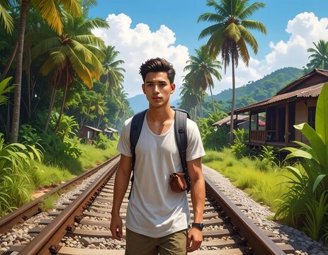 A young man with a backpack walks on train tracks, surrounded by tropical greenery and traditional houses under a clear sky