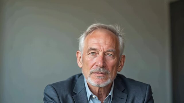 Elderly Caucasian man with gray hair smiles warmly in a modern indoor setting, transitioning from a joyful expression to a serious demeanor across three frames