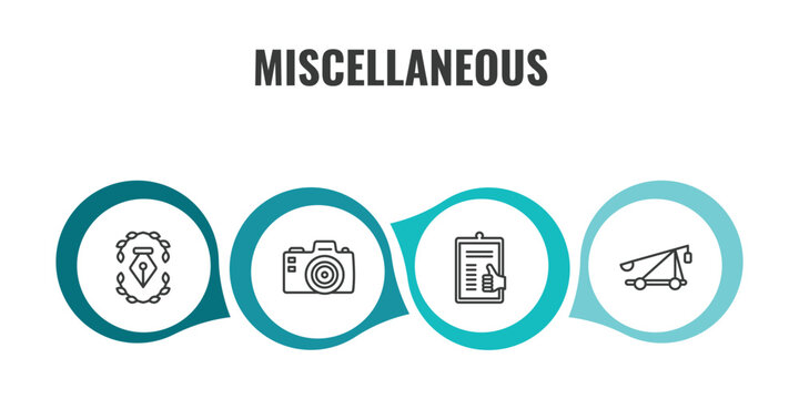 miscellaneous outline icon set. thin line will, camera front, enlist, catapult icons. editable vector