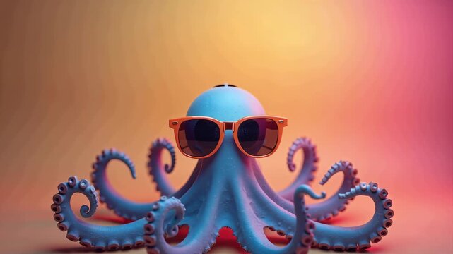 Blue octopus wearing orange sunglasses poses against a colorful gradient background, showcasing its tentacles and playful demeanor in a vibrant underwater-themed setting