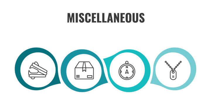 miscellaneous outline icon set. thin line stapler remover, product, compass pointing north, army dog tag icons. editable vector
