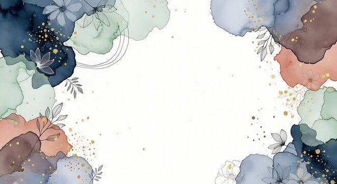 Elegant Abstract Watercolor Floral Background with Navy Blue and Sage Green Alcohol Ink Splashes Gold Foil Details and Minimalist Line Art Flower Border for Invitations