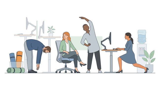 Office workers stretching and exercising during a workday to promote wellness and productivity