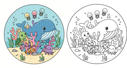 Happy Cartoon Whale and Ocean Friends in a Vibrant Underwater Coral Reef © Dewan