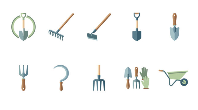 Comprehensive collection of essential gardening tools and farming implements, including shovels, rakes, hoes, and trowels, for outdoor work.