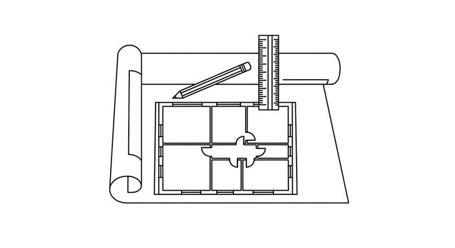 Minimalist line art illustration of an architectural house floor plan blueprint with a ruler and pencil blueprint architecture floorplan construction engineering minimalist building renovation