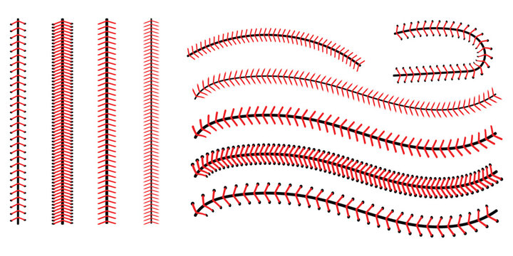Red baseball stitching patterns arranged in various shapes isolated on white background. Sports illustration.