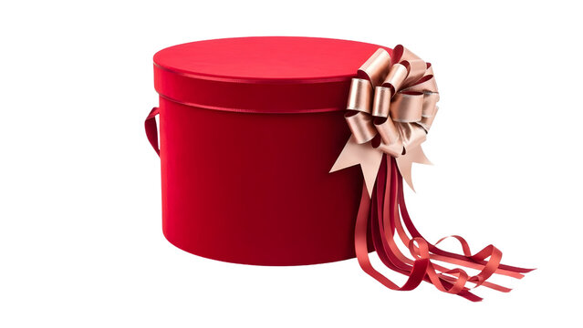 Round red velvet hat box with gold bow and long satin ribbons as PNG element