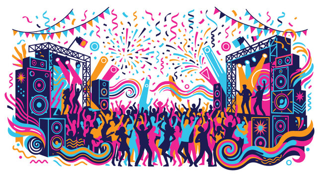 Vibrant party scene with dancing crowd and speakers at festive outdoor music event with colorful confetti
