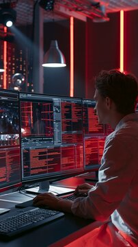 Focused broadcast technician adjusts subtitle workflows on a large display with a sign language inset visible surrounded by professional studio lighting and red accent backlights