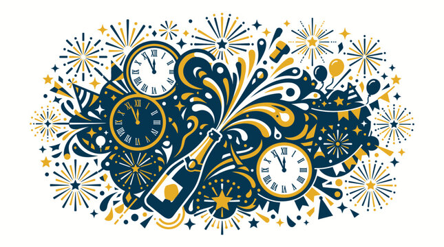 New Year's Eve celebration design with champagne bottle and clock striking midnight festive decorations and fireworks in gold and blue colors for party invitation or greeting card