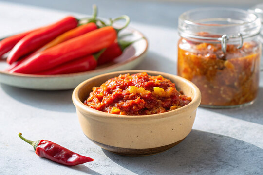 Spicy Red Chili Paste in Ceramic Bowl &ndash; Homemade Hot Sauce and Chili Condiment Concept