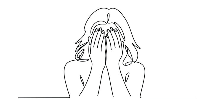 Sad woman covering her face with hands continuous line drawing Vector, illustration