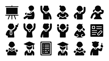 Obraz premium Set of 18 Black Business and Education People Icons Vector