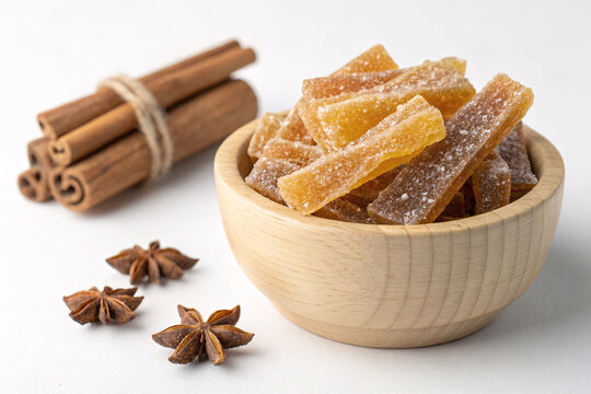 Candied Ginger Pieces in Wooden Bowl with Cinnamon Sticks and Star Anise &ndash; Healthy Natural Sweet Snack