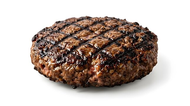 Grilled beef hamburger patty with char marks isolated on white background, cooked meat patty close up