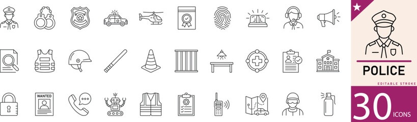 Police line icon set for law enforcement, security, public safety, investigation, and protection services. Editable vector icons for security projects, government services, and public safety platforms © mstlily
