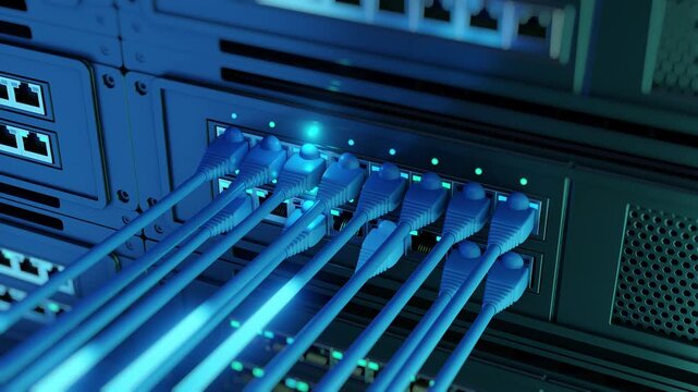 Animation of ethernet RJ45 cables plugging into network switch one by one with green LED indicators on dark blue server rack. Internet connection setup concept for IT, datacenter, and broadband