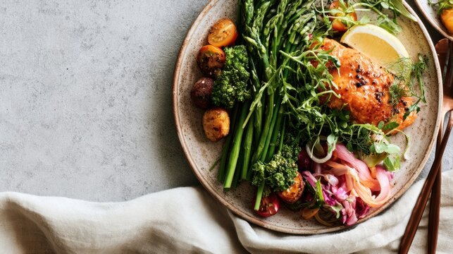 Grilled fish is served with fresh greens and seasonal vegetables on a plate. The meal highlights healthy eating and portion control