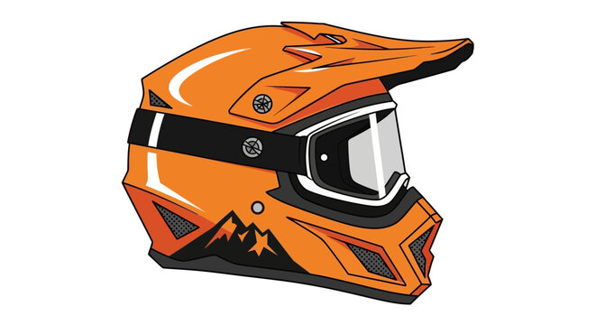 Orange Motocross Helmet with Goggles and Mountain Graphic - Vector Illustration